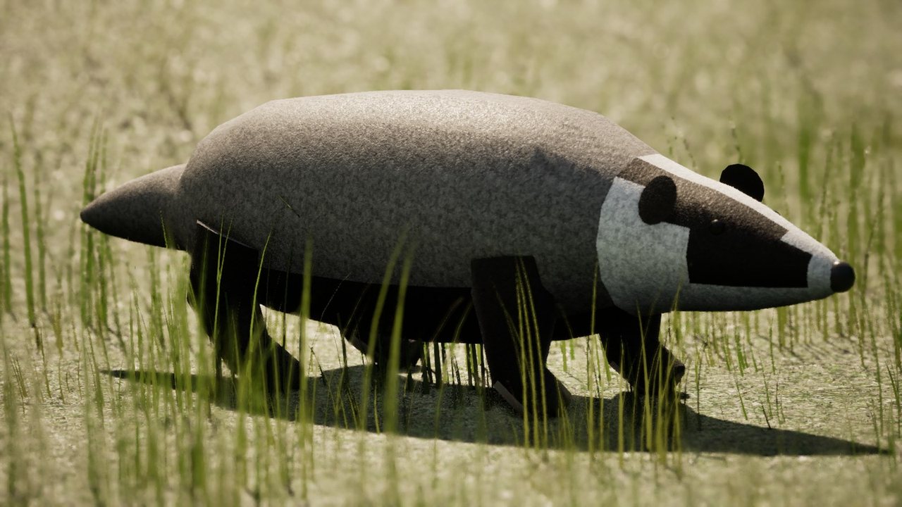 A badger walking through long grass, grey body and the black and white striped face.