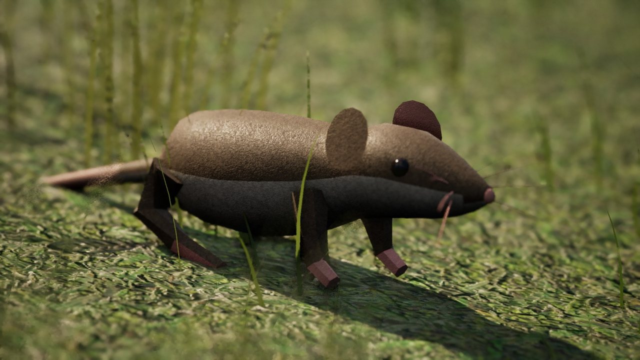 A brown rat on the grass, side-on, with pink feet, round ears and a long bare tail.