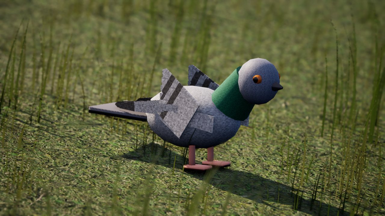 A blue-grey feral pigeon with a green neck, orange eyes and pink feet standing side-on in grass, its folded wings showing two dark bars.