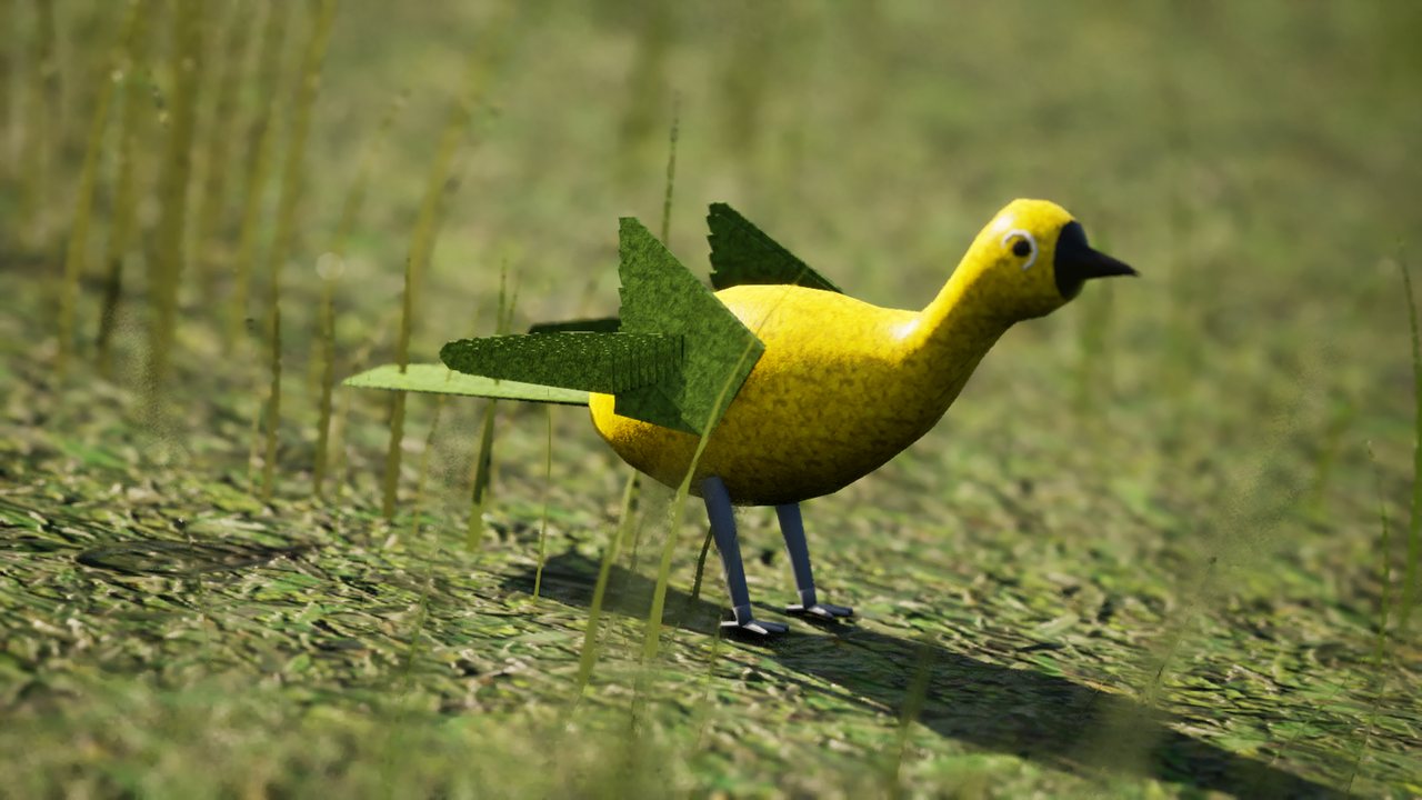A great tit with a yellow body and olive-green wings standing side-on in grass.