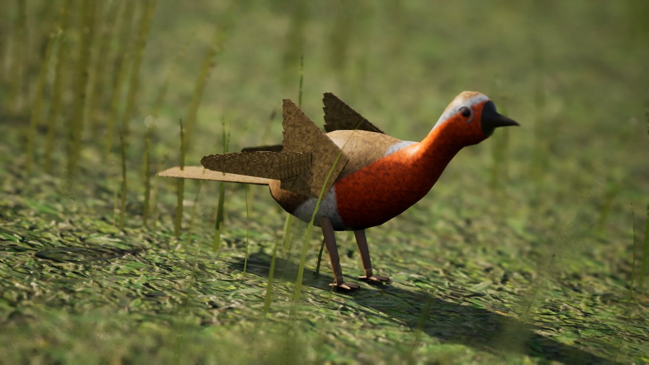 A robin with an orange face and breast and olive-brown wings and back standing side-on in grass.