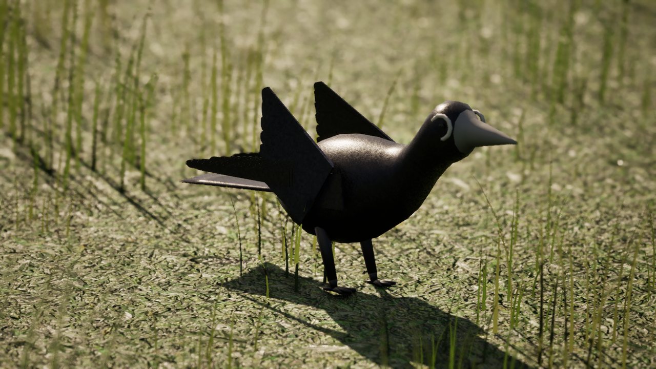 A black rook with a long pale bill standing side-on in grass.
