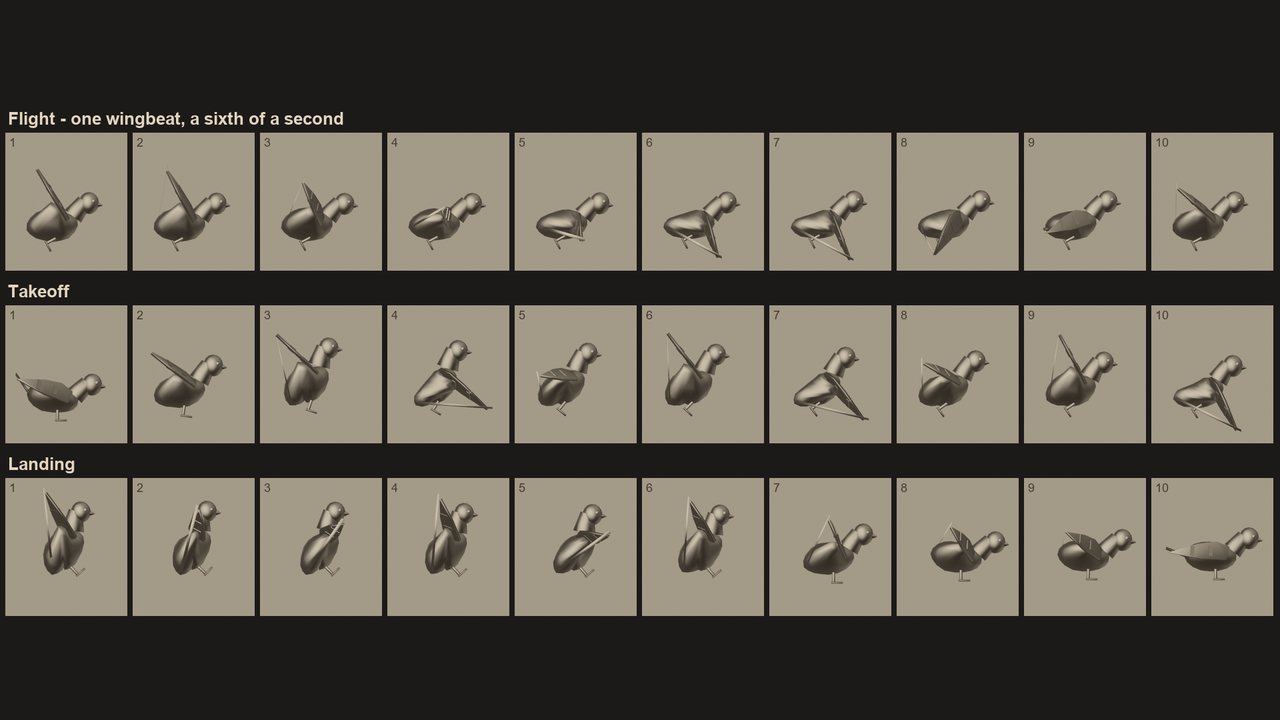 Three rows of ten numbered frames of a grey model pigeon seen side-on, in the style of a Victorian photographic plate: one wingbeat in flight, then a takeoff, then a landing.