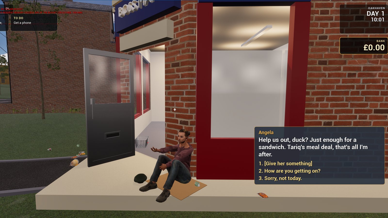 The game's own view of the woman sitting outside the shop, with a chat box offering three replies: give her something, ask how she is getting on, or say sorry, not today.