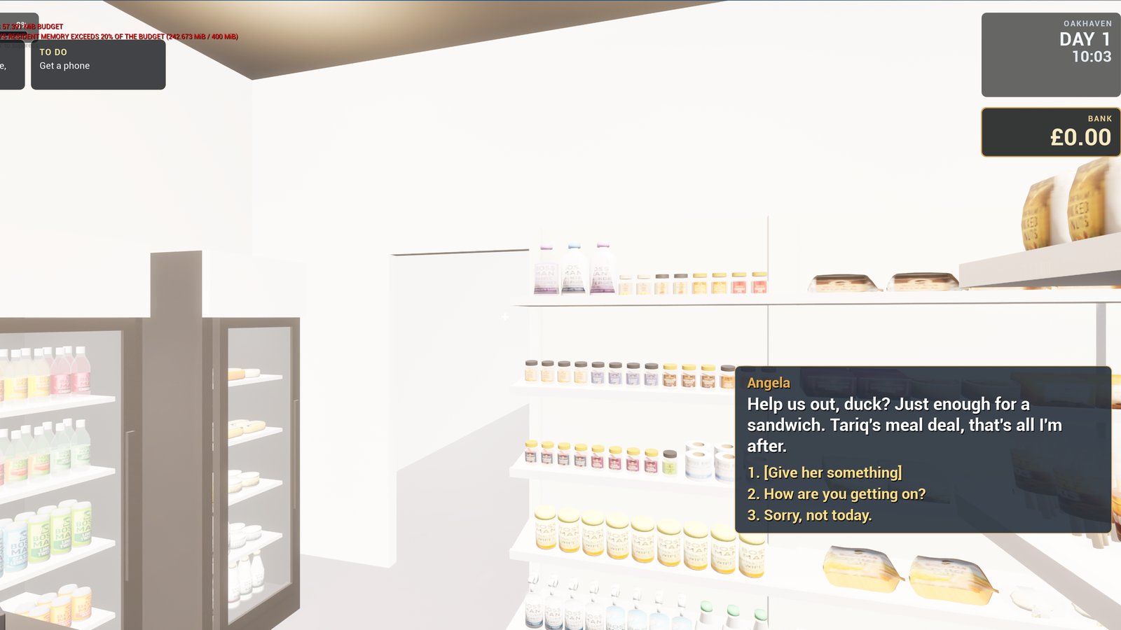 The inside of a corner shop, white shelves and drinks fridges, with Angela's chat box still on screen in the bottom right asking for the price of a sandwich.
