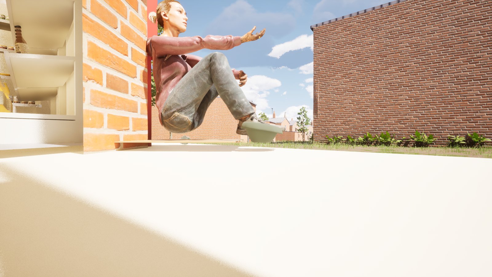 A camera at pavement level looks up at the same woman in her sitting pose, with a clear gap of light between her and the slab and her hat hovering beside her trainer.