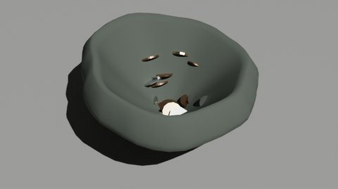 A render on a plain grey background of a slumped dark-green woolly hat lying open, with a handful of copper, silver and gold coins lying flat inside it.