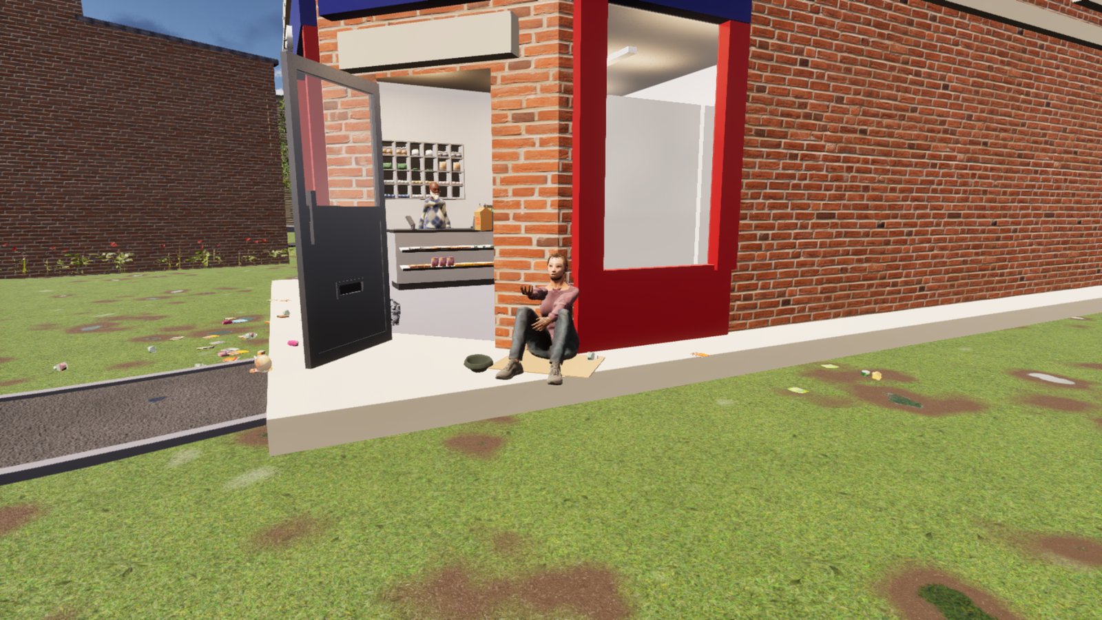 A woman in a maroon top and grey jeans sits on a square of cardboard against the brick front of a corner shop, one hand held out, a dark hat on the slab by her feet and the shop door open beside her.