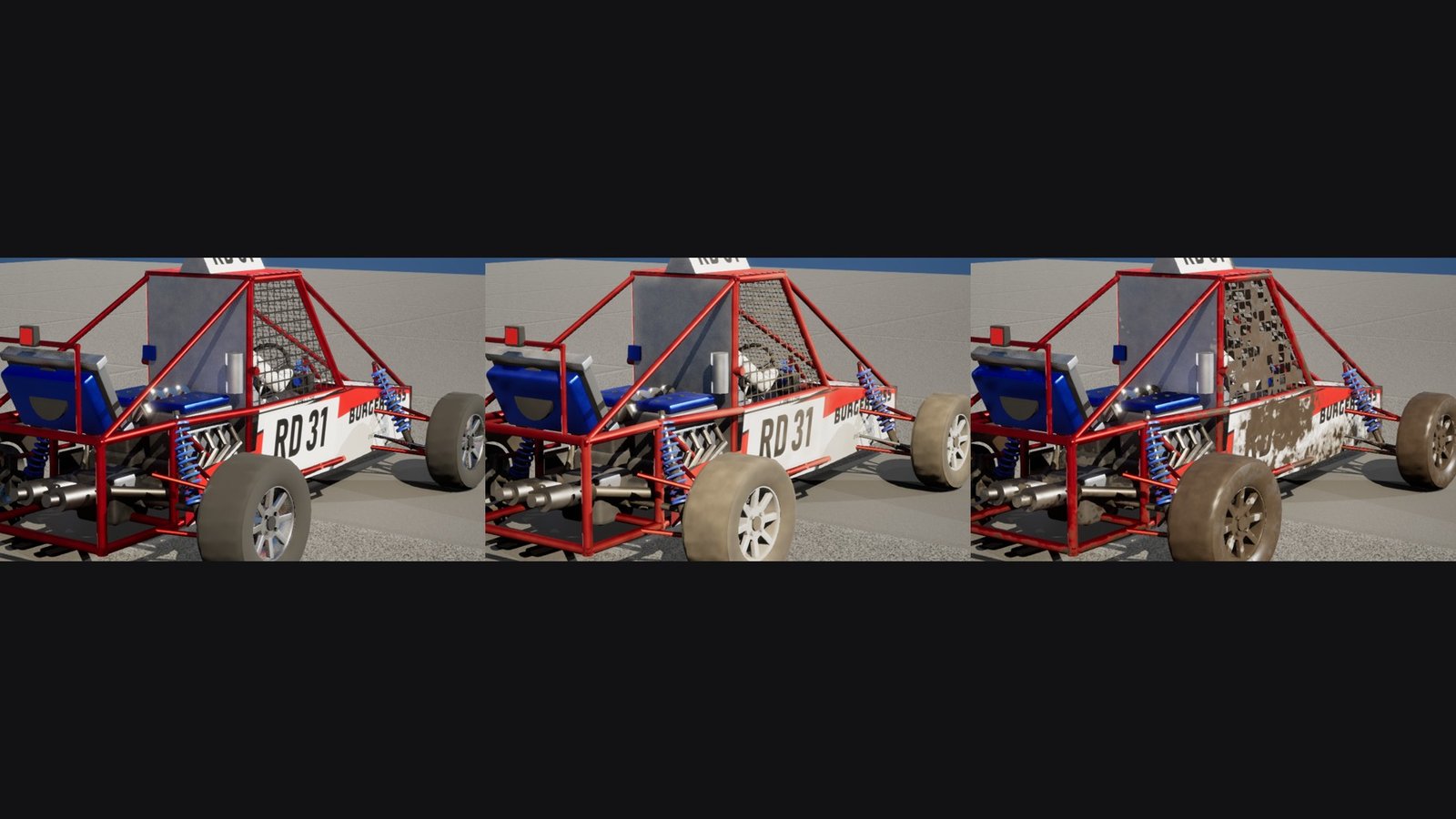 Three panels of the same red and white racing buggy with the number 31, on a black band. Left: clean, silver wheels. Middle: tyres and lower panels dusted pale brown. Right: tyres, side panel and window net caked in dark mud.