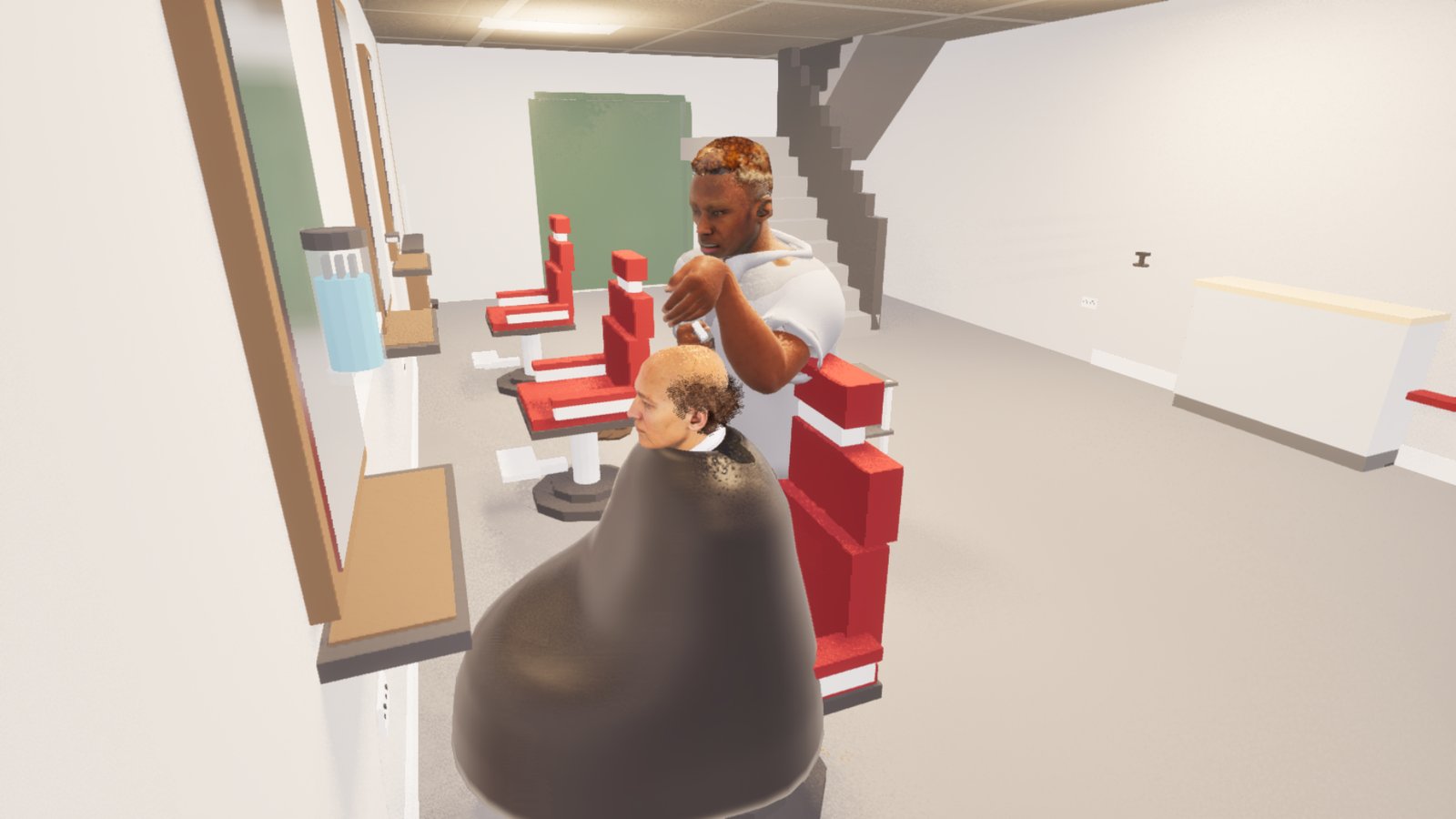 Inside a barber's shop with red barber chairs and mirrors along a white wall. A barber in a white polo shirt holds scissors and a comb to the head of a balding older man sat in a chair under a dark cape.