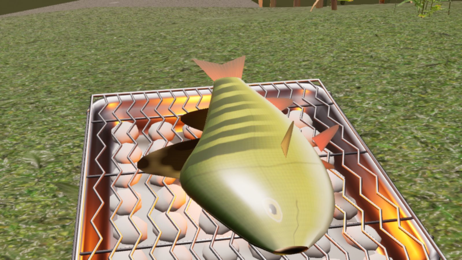 A striped green perch lying on its side on the wire grill of a foil disposable BBQ, glowing coals underneath. Its fins and tail have turned orange-brown but the body is still the raw green of a live fish.