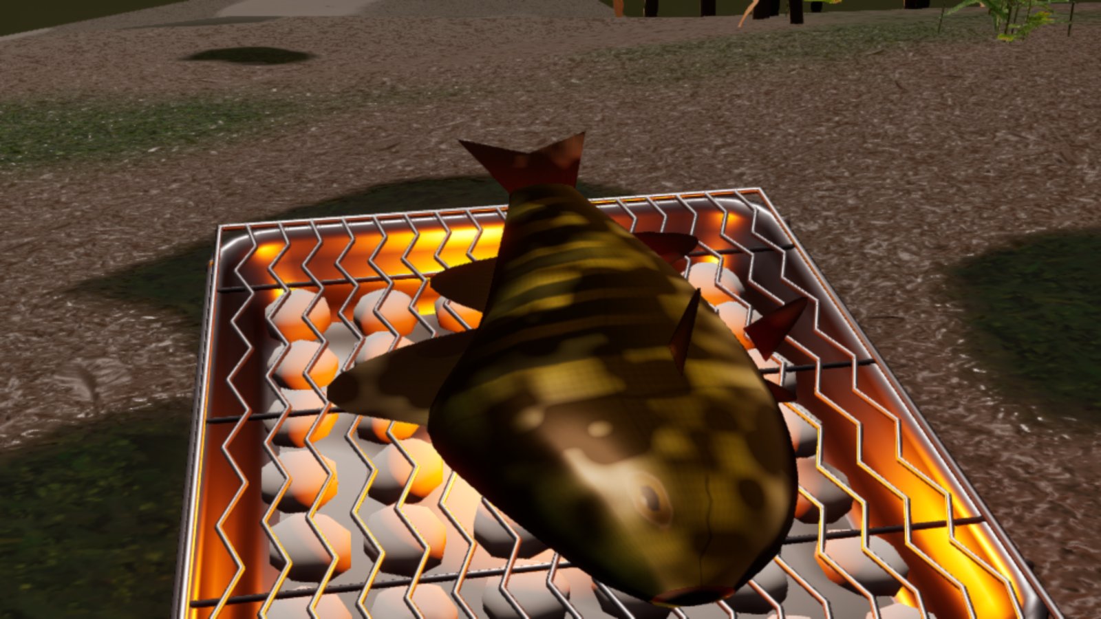 The same perch on the same disposable BBQ grill, now browned and blackened in patches along its whole body, head to tail, over glowing orange coals.