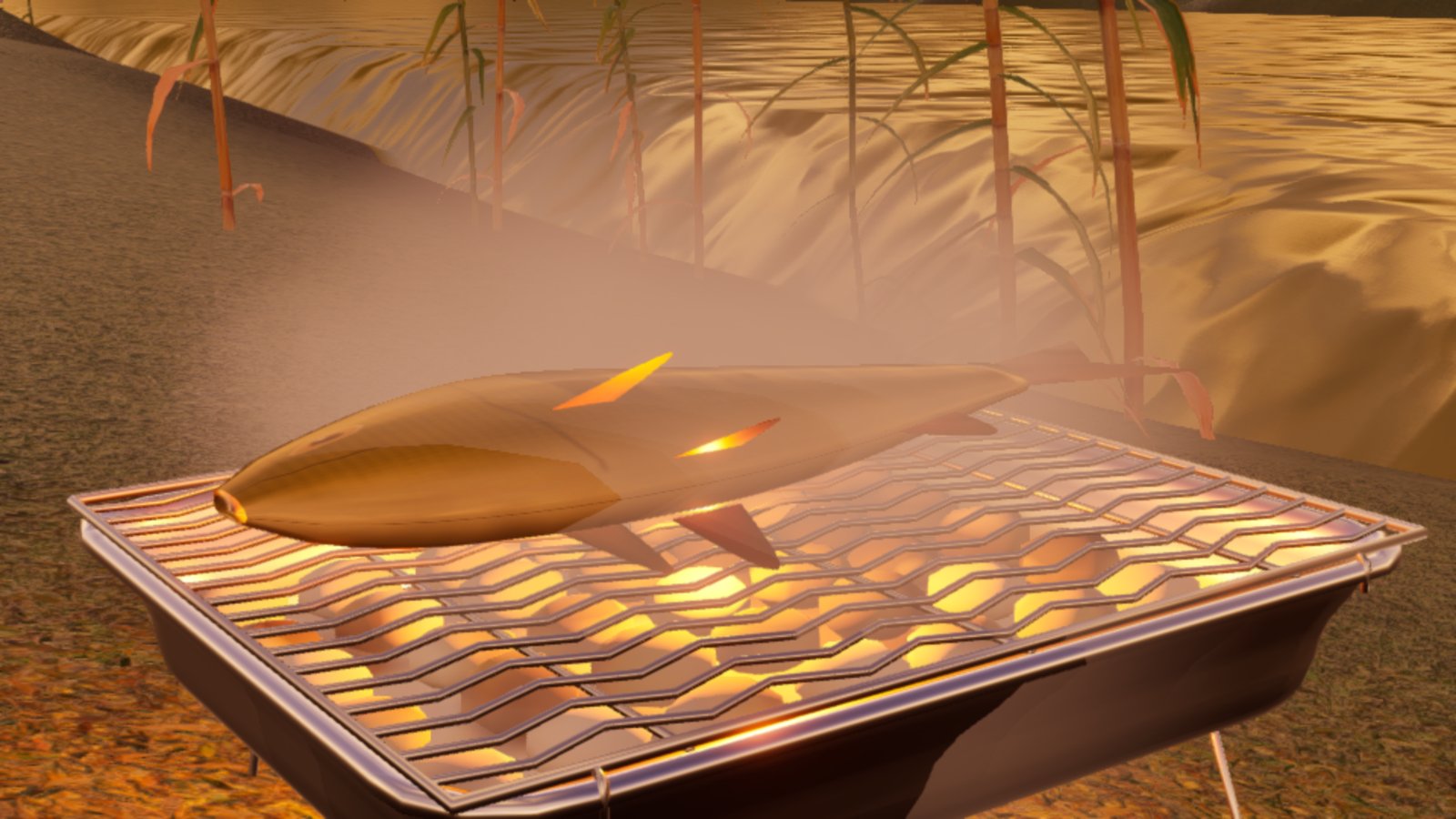 A side-on view of a long golden fish lying on a disposable BBQ grill, the coals glowing orange beneath it and its fins lit orange from below. A thin veil of smoke drifts across, with the river bank and reeds behind.