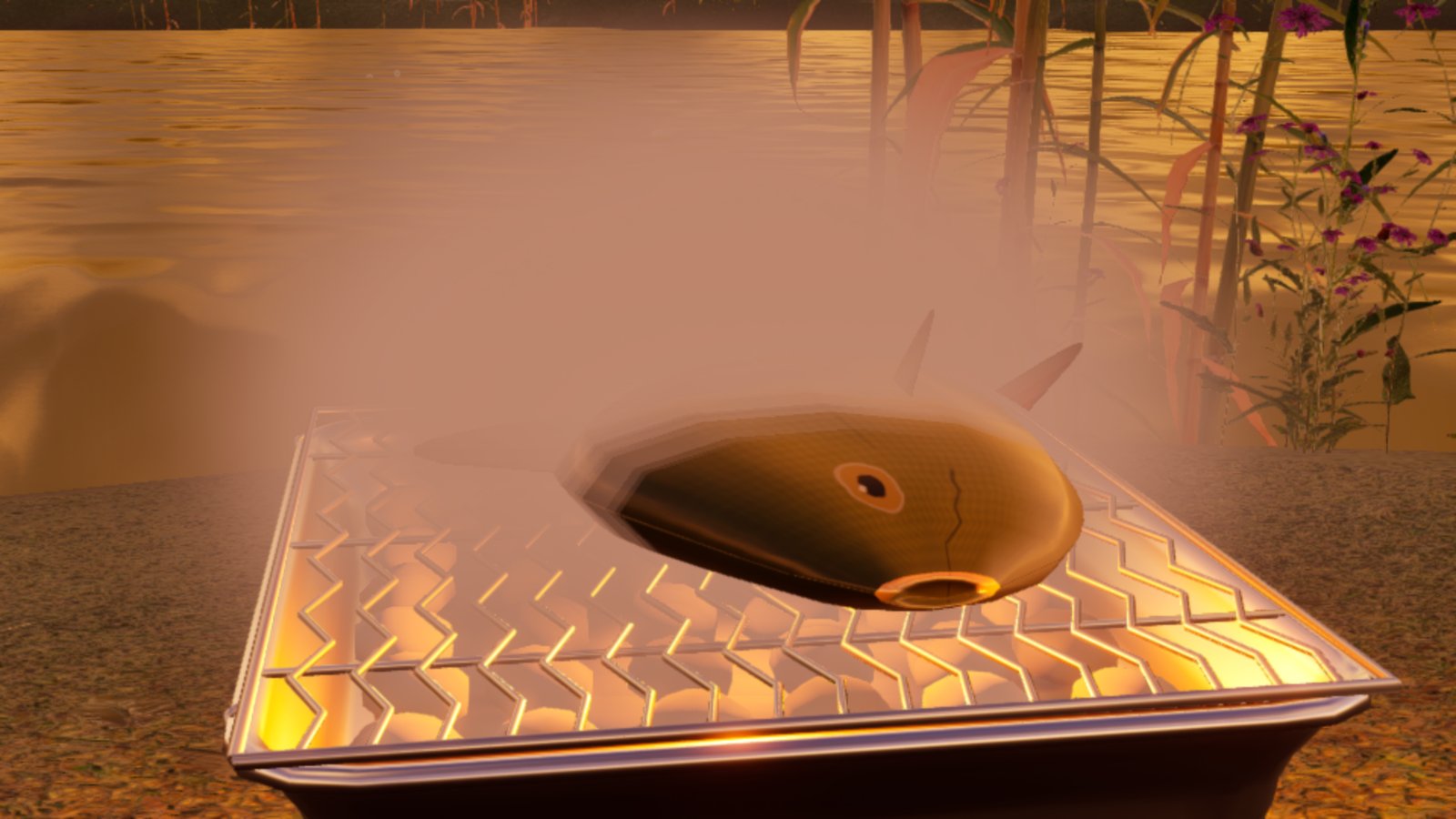 A browned fish on a disposable BBQ at sunset, half hidden under a thick soft bank of warm smoke that covers the back of the grill and blurs the river behind it.