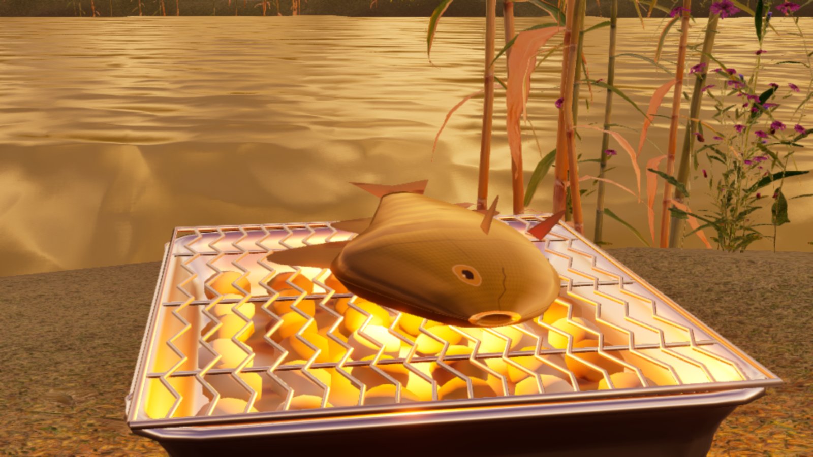 A low close-up of a perch cooking on a disposable BBQ on a riverbank at sunset. The coals glow bright yellow through the grill, the river behind is lit gold and tall reeds stand on the right.