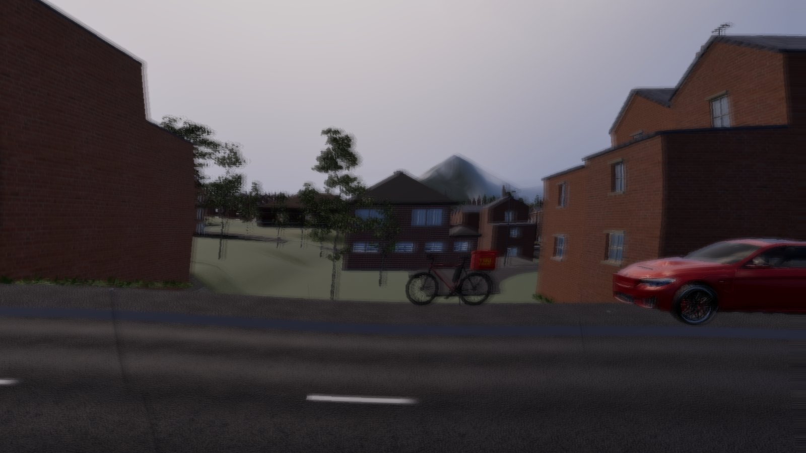 A street at dusk between red-brick houses, seen from eye level through a blurred, doubled picture: the kerb line, a parked red car on the right and a delivery bike with a red box in the middle all have a faint ghost copy slightly offset from them, and the edges of the buildings smear.