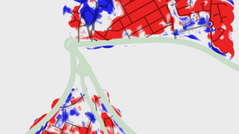 A top-down plan of a housing estate's street network drawn as dark grey lines over patches of red and blue, with pale green main roads curving through the middle. Red marks ground to be cut down and blue ground to be filled in.