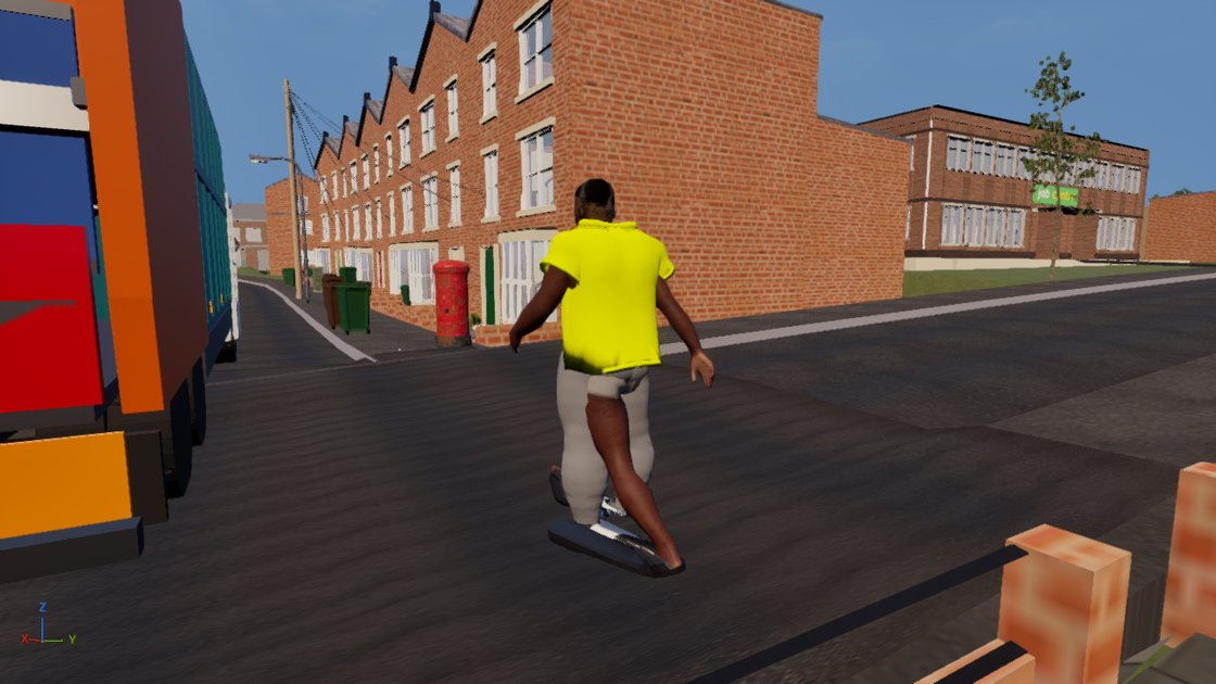 A bin loader in a yellow hi-vis polo walking behind the lorry, one bare leg pushing out through the front of his grey trousers and a shoe hanging clear of the foot.