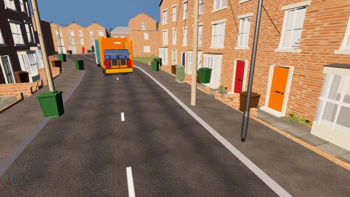 A refuse lorry seen from behind driving up a narrow terraced street, green wheelie bins out along both kerbs, red-brick houses and coloured front doors either side.