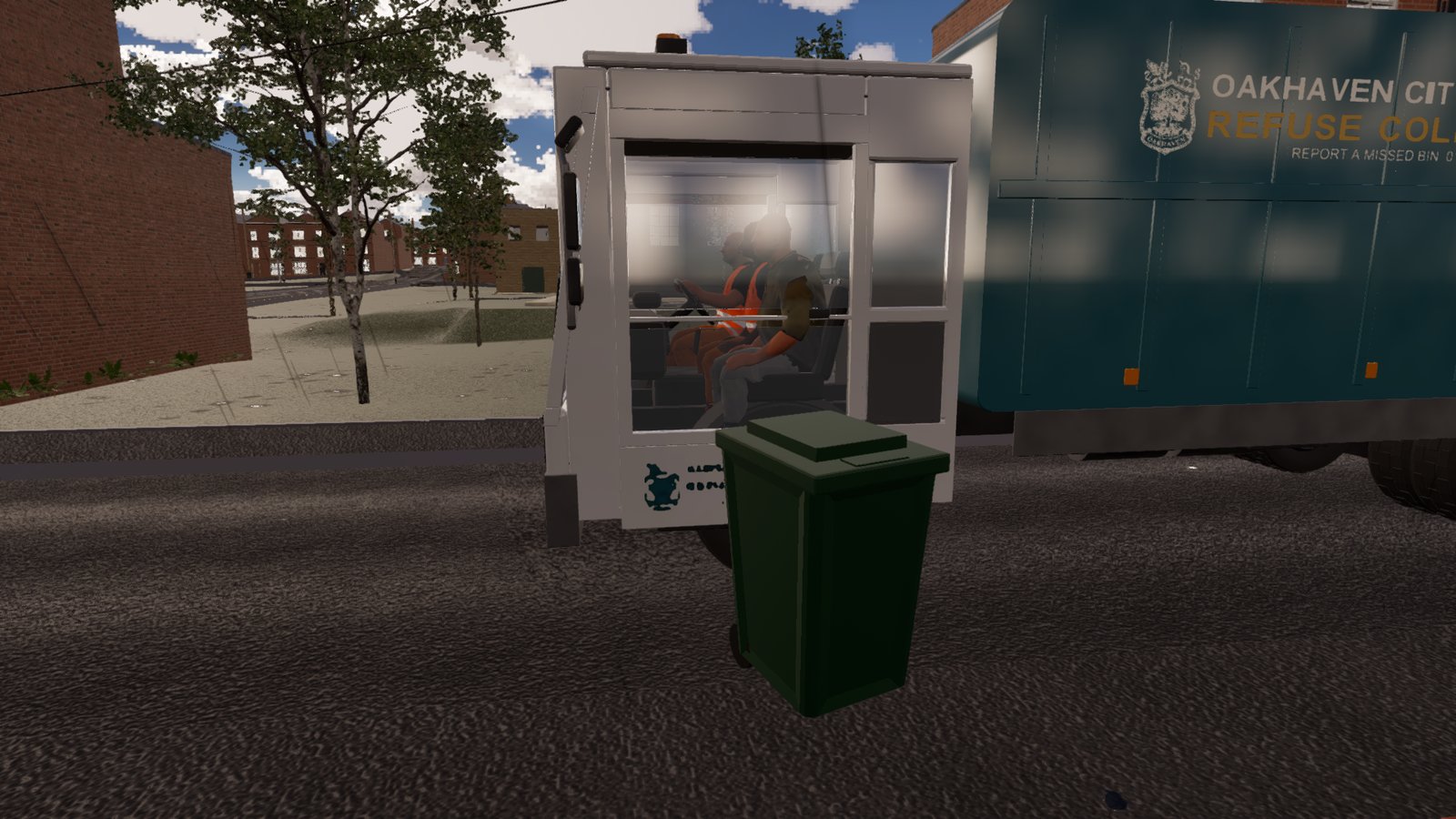 A green wheelie bin on the kerb in front of the white cab of a teal council bin lorry. Through the cab's side window two crew sit inside: one in an orange vest, the one nearest in an olive T-shirt.