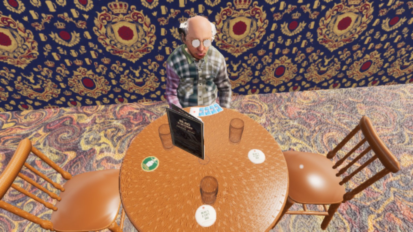 An older bald man in glasses and a check shirt sits at a round wooden pub table, with a row of blue bingo cards on the table in front of him, pint glasses, beer mats and a menu stand, against loud gold and navy wallpaper and a swirling carpet.