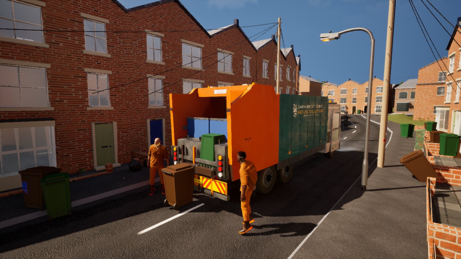 The back of a refuse lorry on a terraced street with a green wheelie bin raised on the lifting comb above the hopper, two loaders in orange hi-vis standing either side of the tailgate, a brown bin waiting on the tarmac.