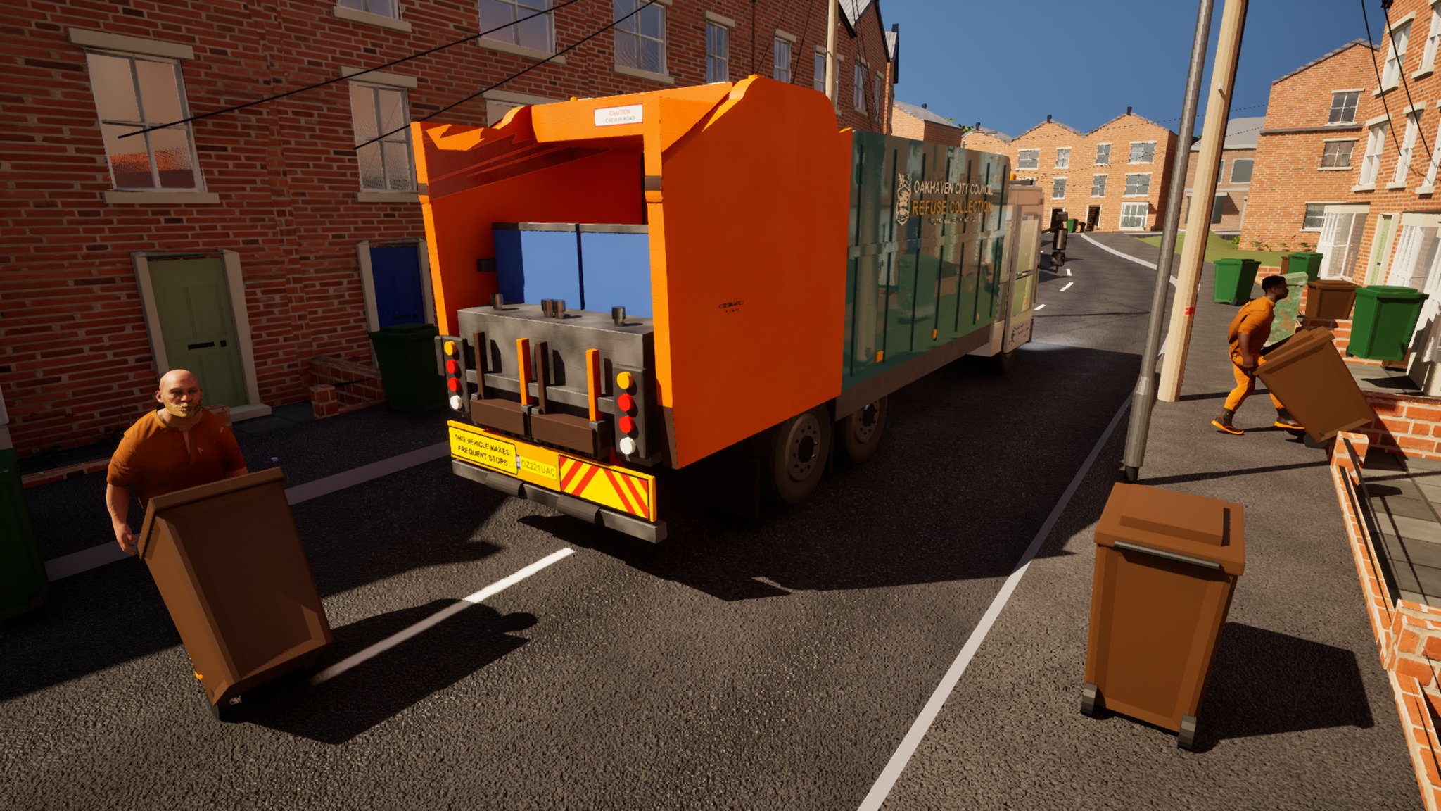 The rear of a refuse lorry in an Oakhaven City Council livery on a red-brick terraced street, red and yellow chevrons and a yellow number plate across the tailgate, two loaders in orange hi-vis walking brown wheelie bins out to it.