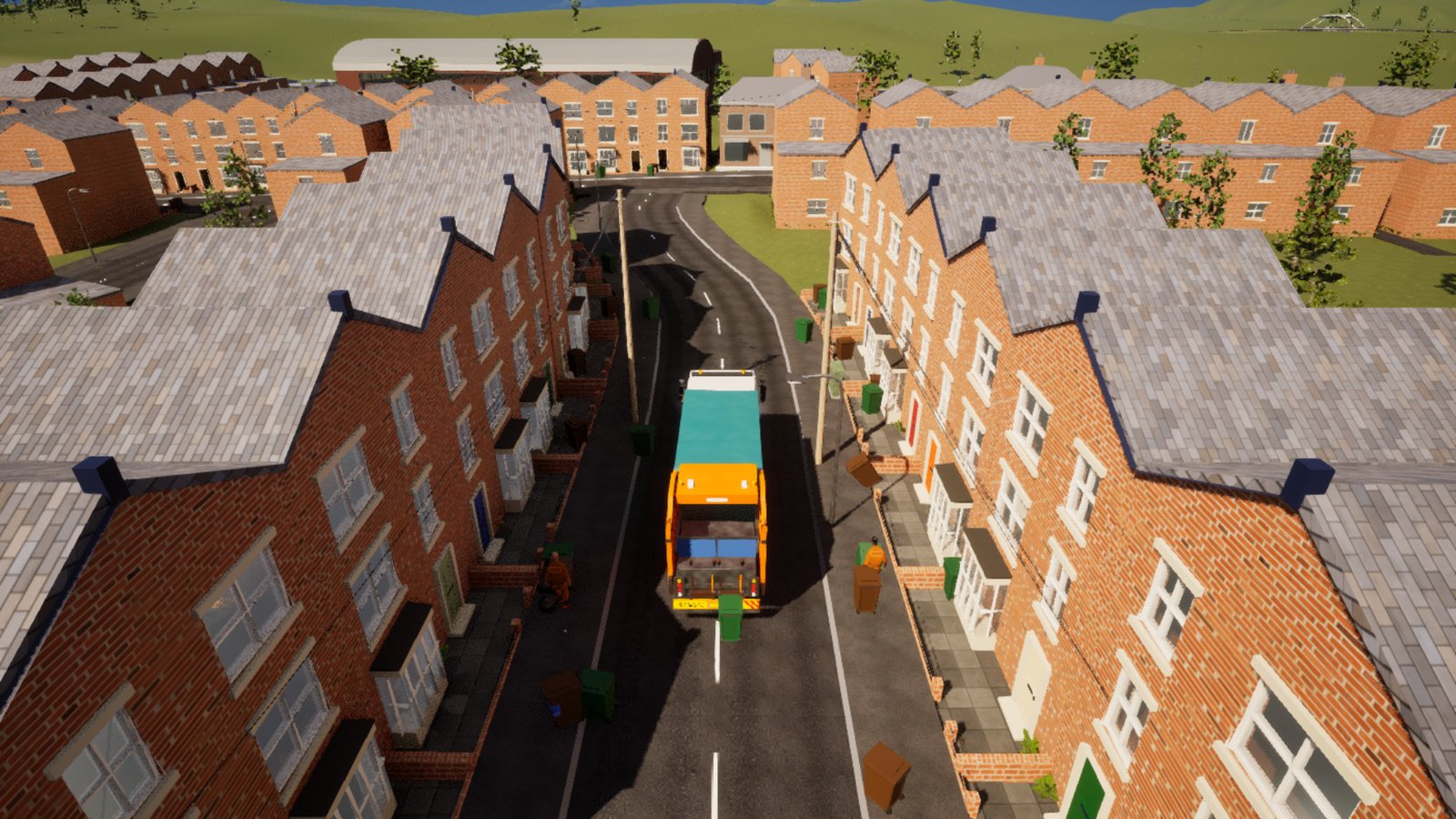 A high view straight down a narrow street of red-brick terraces, the refuse lorry small in the middle of the road with a loader working each kerb and green and brown wheelie bins out along both pavements.