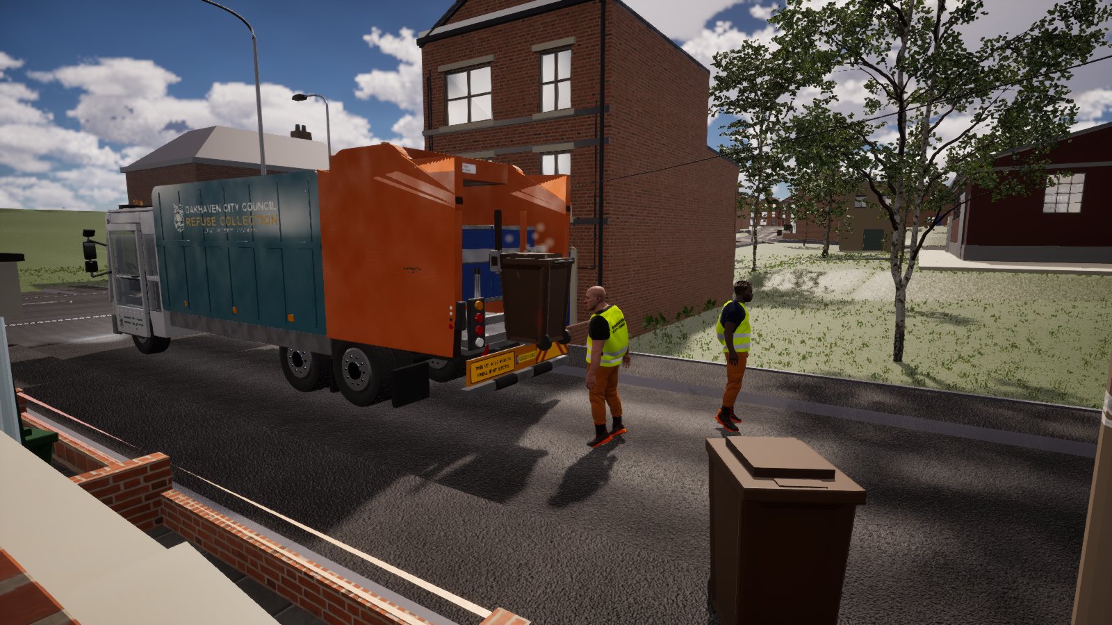 A teal and orange council refuse lorry on a terraced street, a brown wheelie bin raised on the lift at the back. Two loaders in yellow hi-vis vests and orange trousers stand in the road behind it, and another brown bin waits on the pavement.