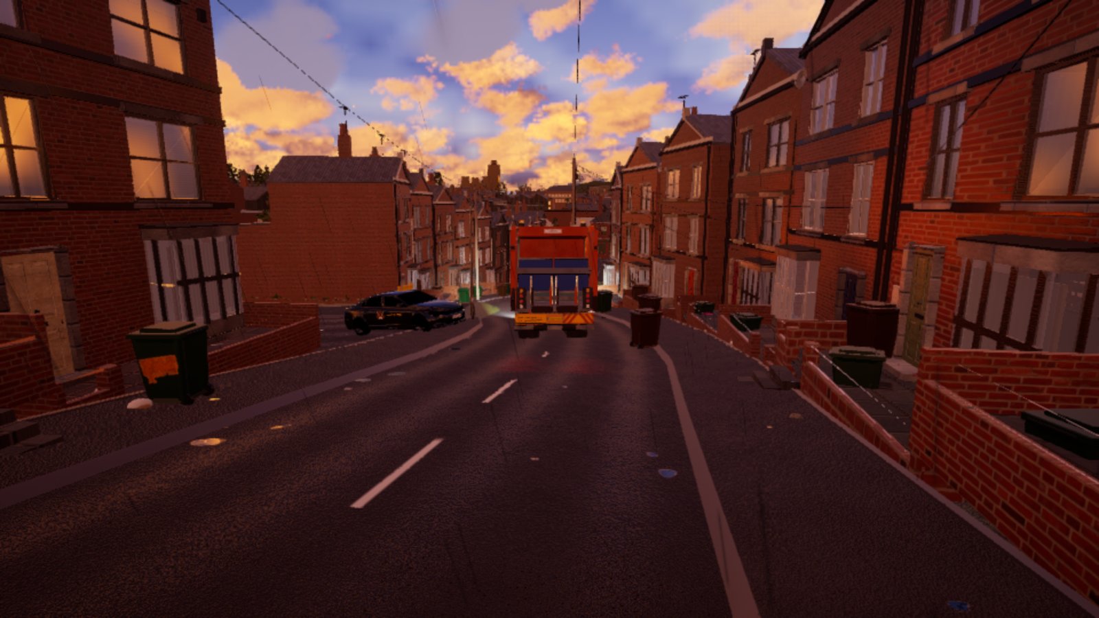 Looking down a terraced street at sunset, an orange council bin lorry stopped in the road some way ahead, wheelie bins along both kerbs.