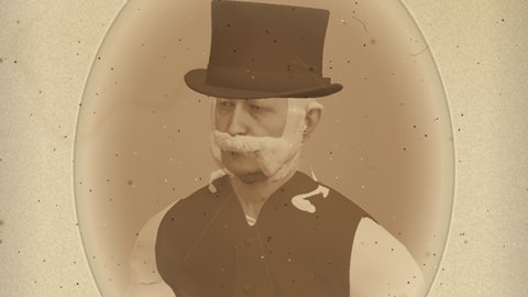 An aged sepia cabinet photograph in an oval cream mount: an older man with white mutton chops and moustache, a black top hat, a white shirt and a dark waistcoat. Dust specks, foxing and a crease mark the card. Printed beneath in an old serif face: Josiah Bramwell, 1838 - 1889, Landlord of the Slag and Slurry public house.