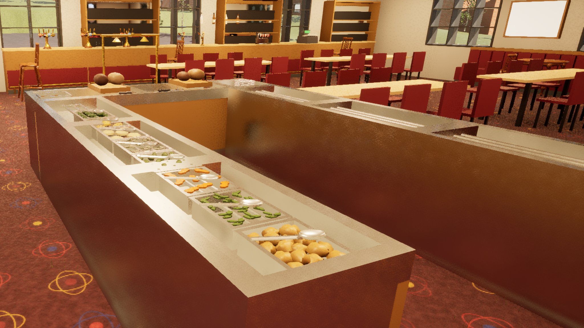 A long stainless serving counter in a working men's club, its wells filled with roast potatoes, carrots, cabbage, sprouts and mash, each with a spoon laid across it. Two joints of meat sit on oak boards at the far end. Rows of red upholstered chairs and long tables behind, patterned club carpet underfoot.