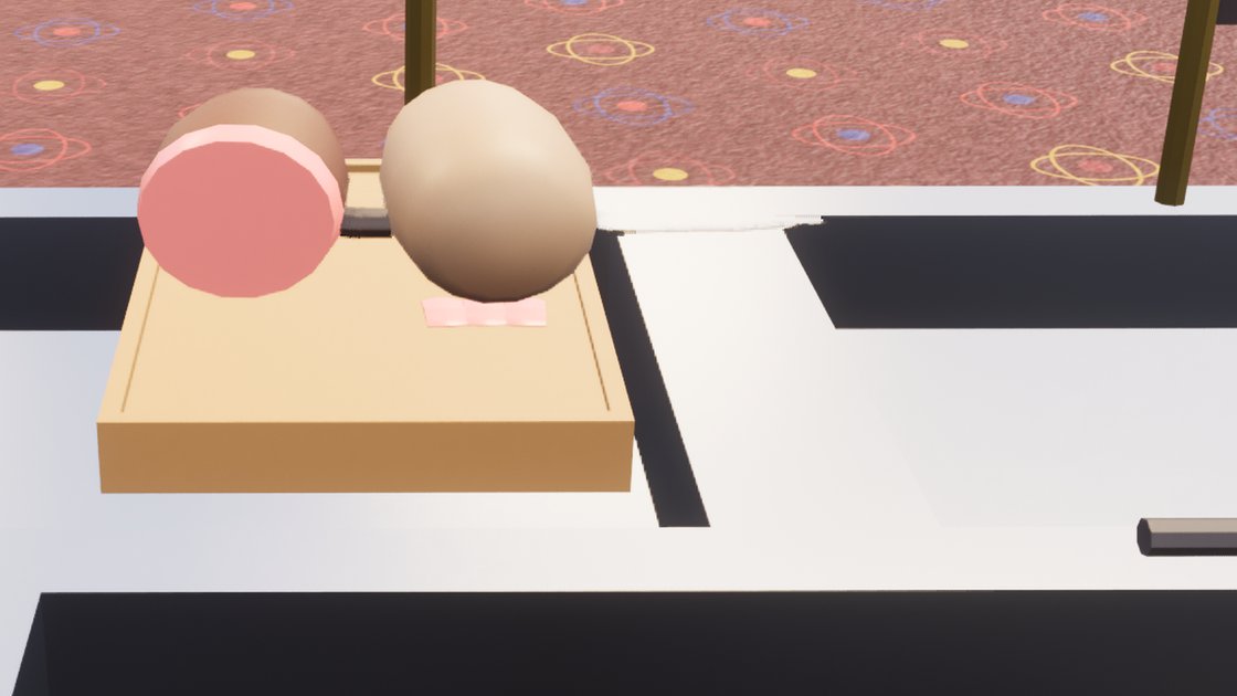 Close on a carving board on a white counter. A joint of beef with a pink cut face sits at the left and a turkey crown at the right, and a single pale slice of meat lies on the board directly in front of the turkey.