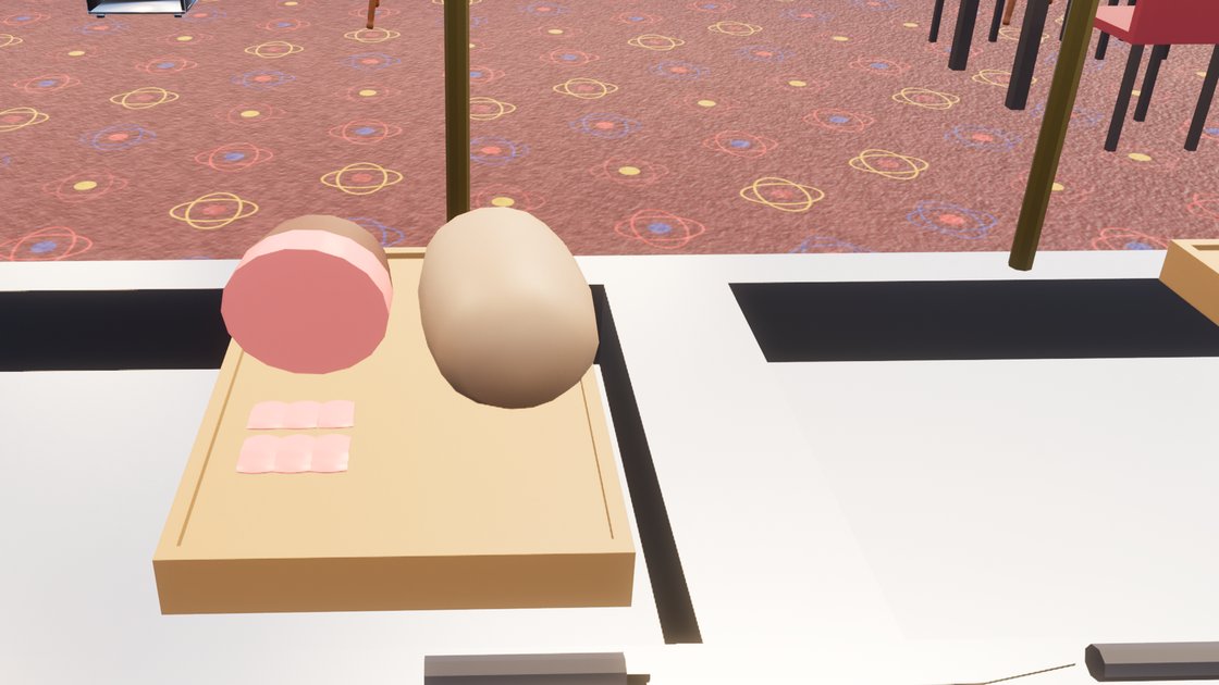 The same carving board from slightly above. Two pale slices of meat now lie on the board in front of the beef joint, on its own centre line, with the turkey crown clear to the right.