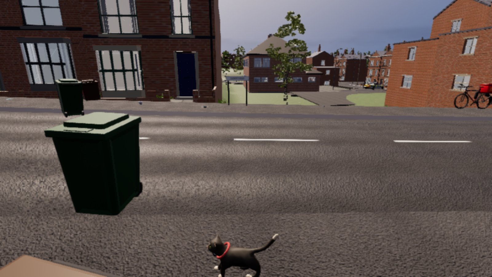 A black and white cat with a red collar walking across the tarmac of a red-brick terraced street, with a green wheelie bin to the left and houses, a tree and a parked bike beyond.