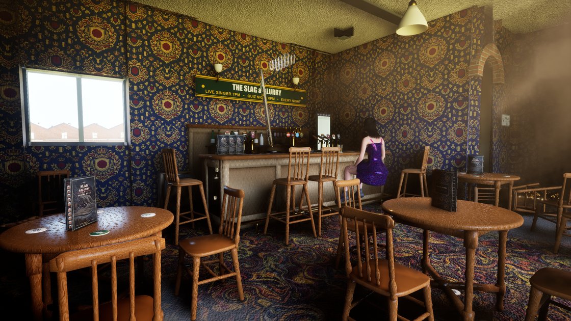 The lounge bar of the Slag & Slurry, patterned wallpaper and pub carpet, wooden chairs and stools around the tables, one figure sitting alone at the bar.
