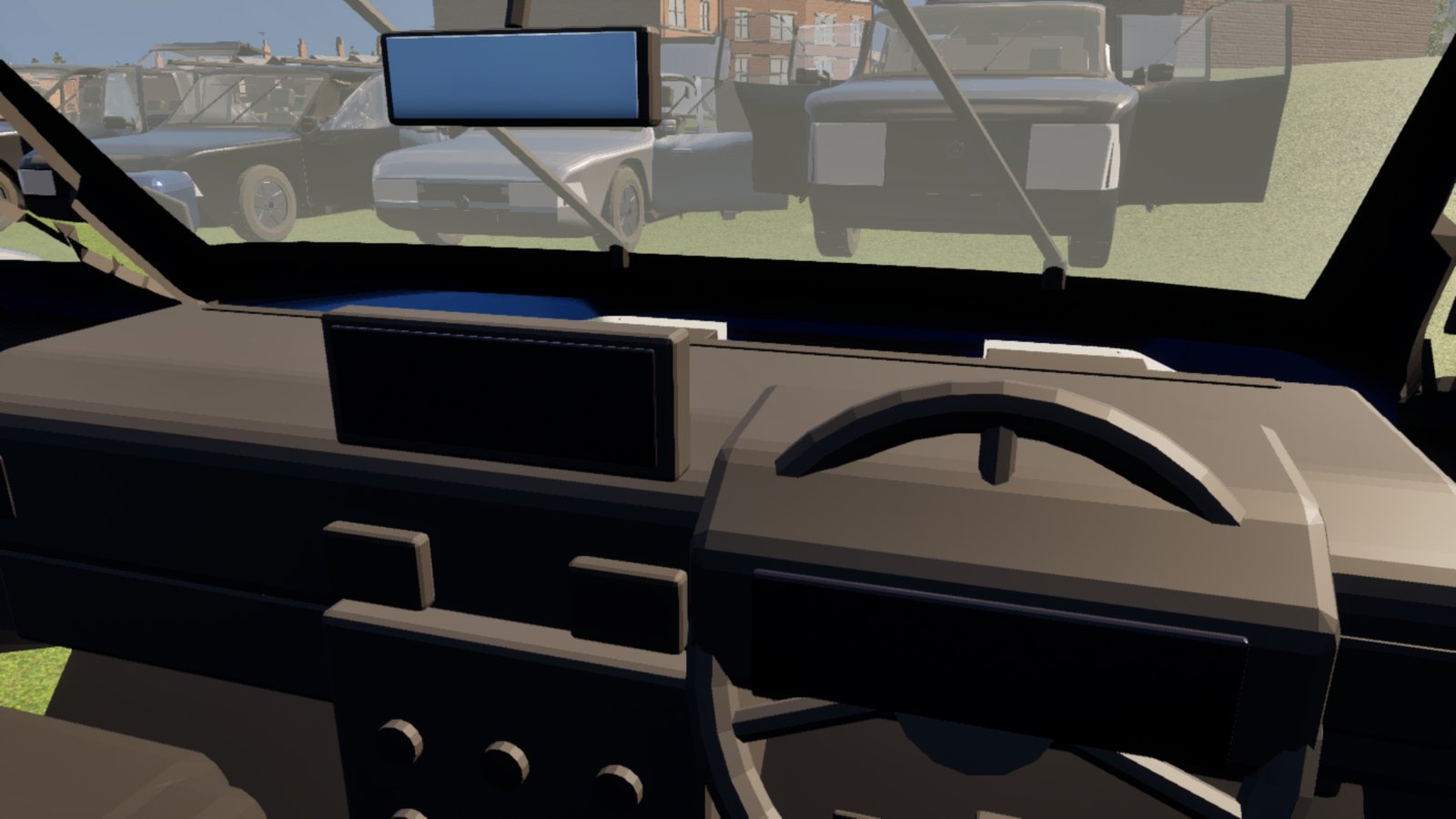 The driver's-eye view from inside one of the cars: a two-tier dashboard in pale tan plastic with a dark instrument binnacle, a centre stack of vents and rotary controls, a steering wheel rim across the bottom of the frame, and a rear-view mirror hanging from the top of the windscreen. Through the glass, the other cars stand on grass with their doors open and brick buildings behind.