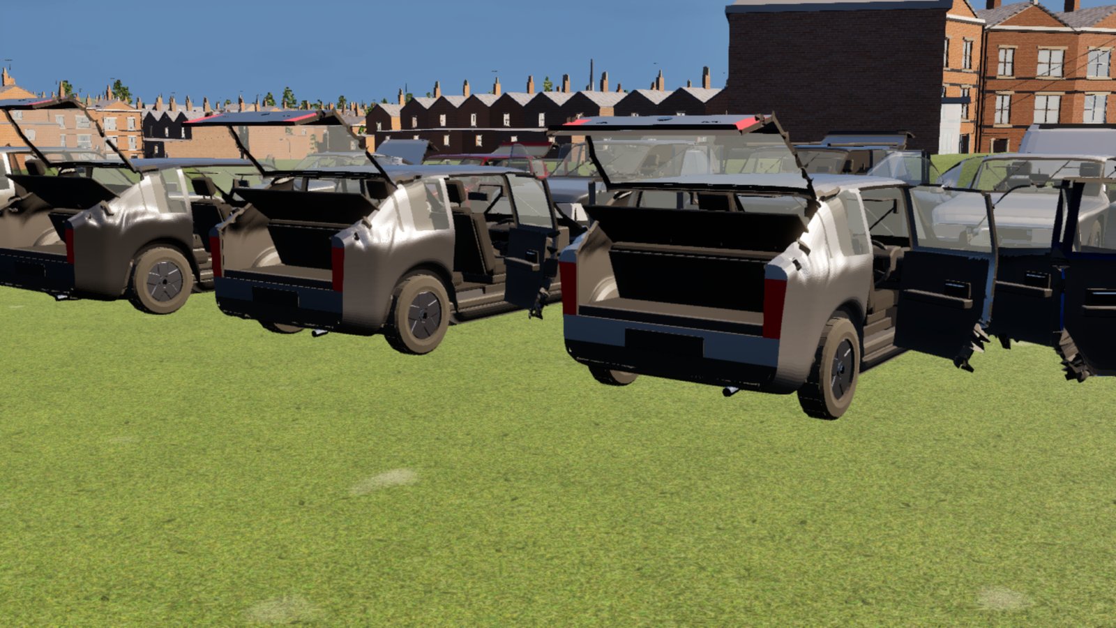 A row of untextured grey and silver cars parked on grass with their front doors, rear doors and tailgates all standing open at once. The nearest three are hatchbacks with the boot floor and inner tailgate liner clearly visible; red rear lamp panels and black bumper mouldings break up the pale bodywork. Red-brick terraced houses with chimney stacks and a larger brick building run along the skyline behind.