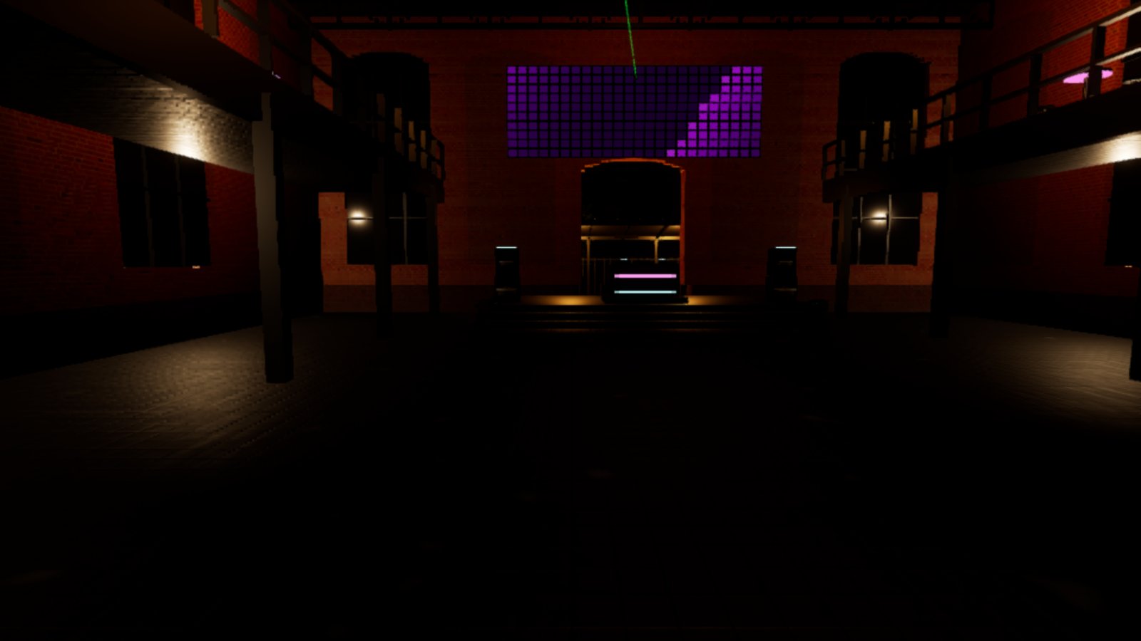 A brick warehouse nightclub at night seen from the dance floor towards the DJ booth, a purple LED panel above the booth and two wall lamps lit, the whole floor in the foreground almost black.