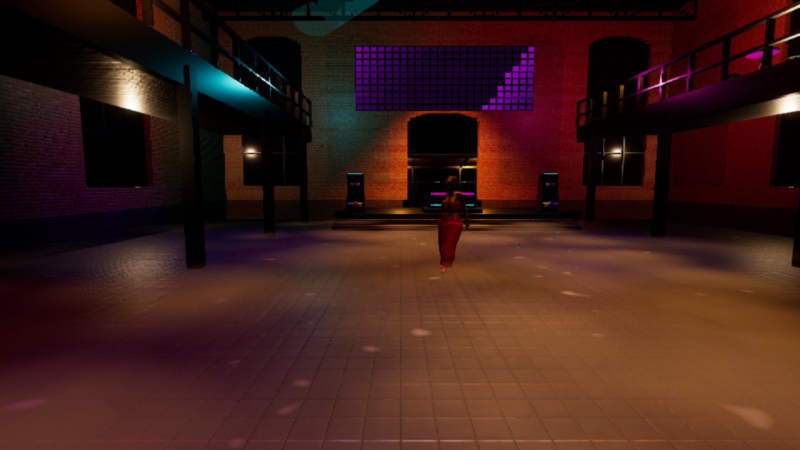 The nightclub with a woman in a long red dress walking across the dance floor, the whole floor covered in a flat even tan-coloured layer, teal and magenta light on the galleries.