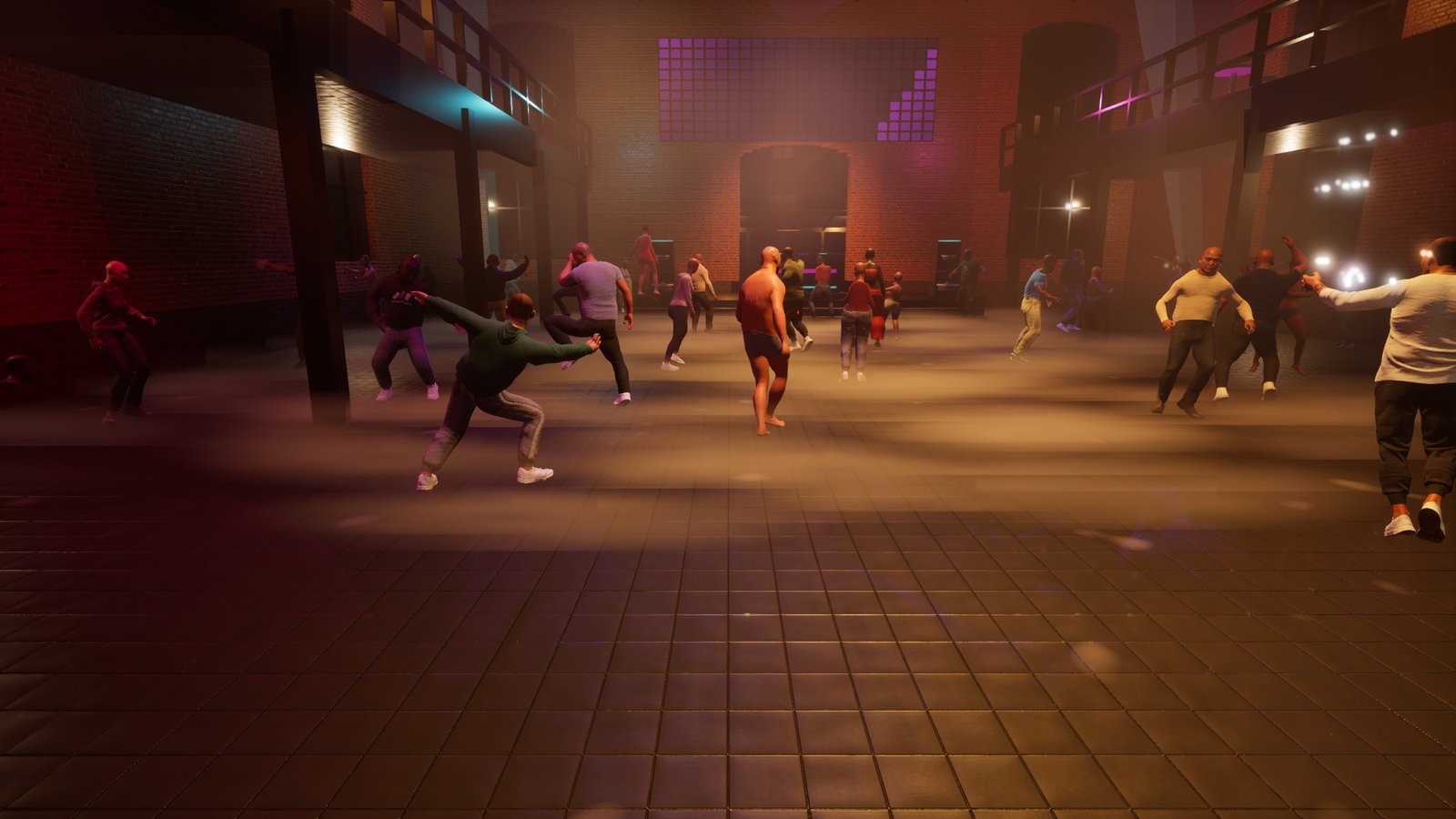 A crowded nightclub dance floor in an old brick warehouse with galleries on both sides and a purple LED panel over the far doors. A low bank of pale fog lies round the dancers' feet and a warm haze softens the back of the room.