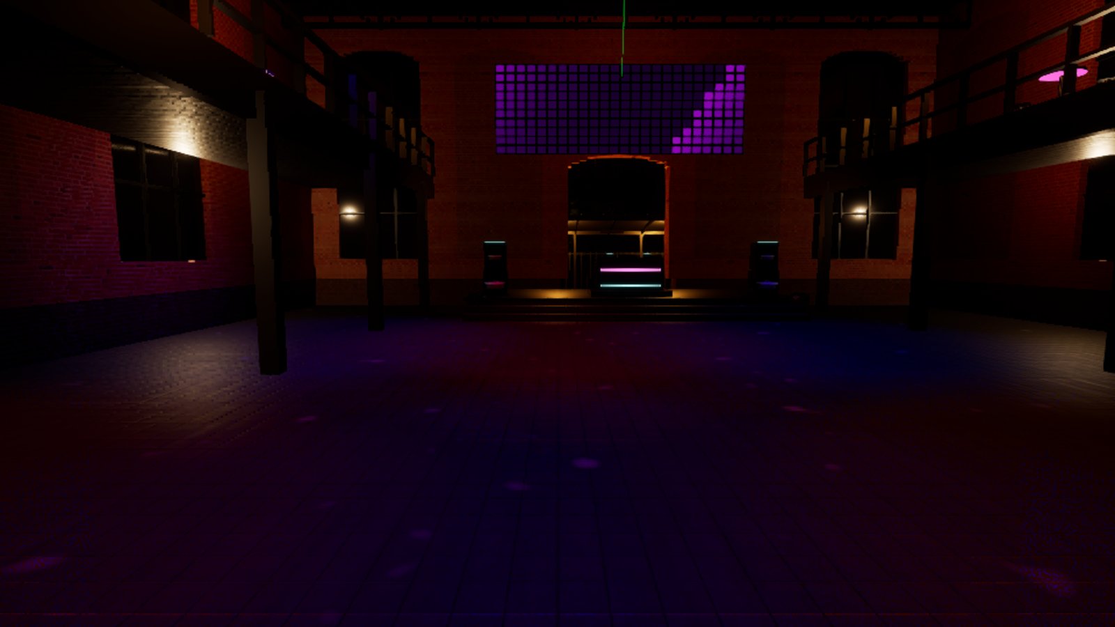 The same nightclub from the same spot, now with the dance floor washed in pools of purple, magenta and blue light, the galleries either side still dark.