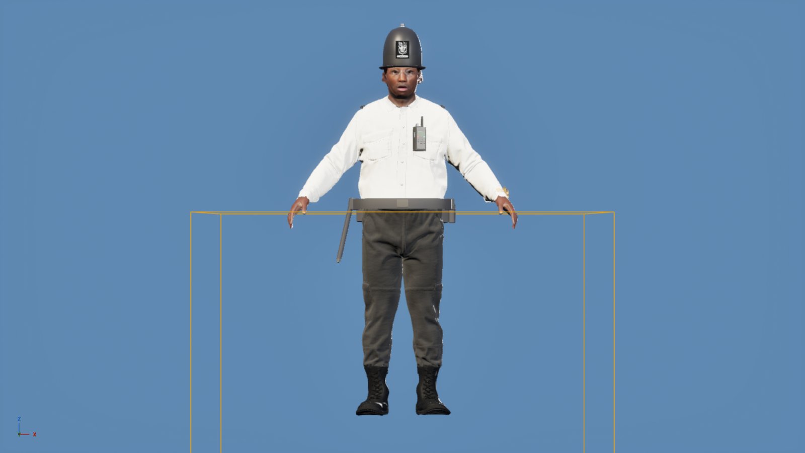 A police officer character standing in an editor preview against a blue background, wearing a traditional helmet, a white short-sleeved shirt with a radio on the chest, a belt with a baton, black cargo trousers and black boots, with a yellow selection box around his lower half.