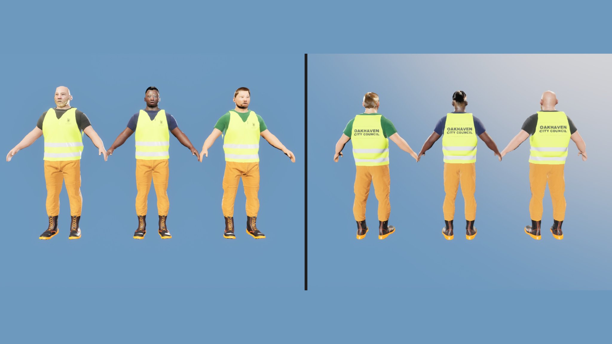 Three bin men standing in a T-pose on a blue background, shown from the front on the left and from behind on the right. Each wears a fluorescent yellow hi-vis vest with two grey reflective bands over a different coloured tee - charcoal, navy and bottle green - with orange work trousers and black and orange boots. The backs of the vests read Oakhaven City Council.