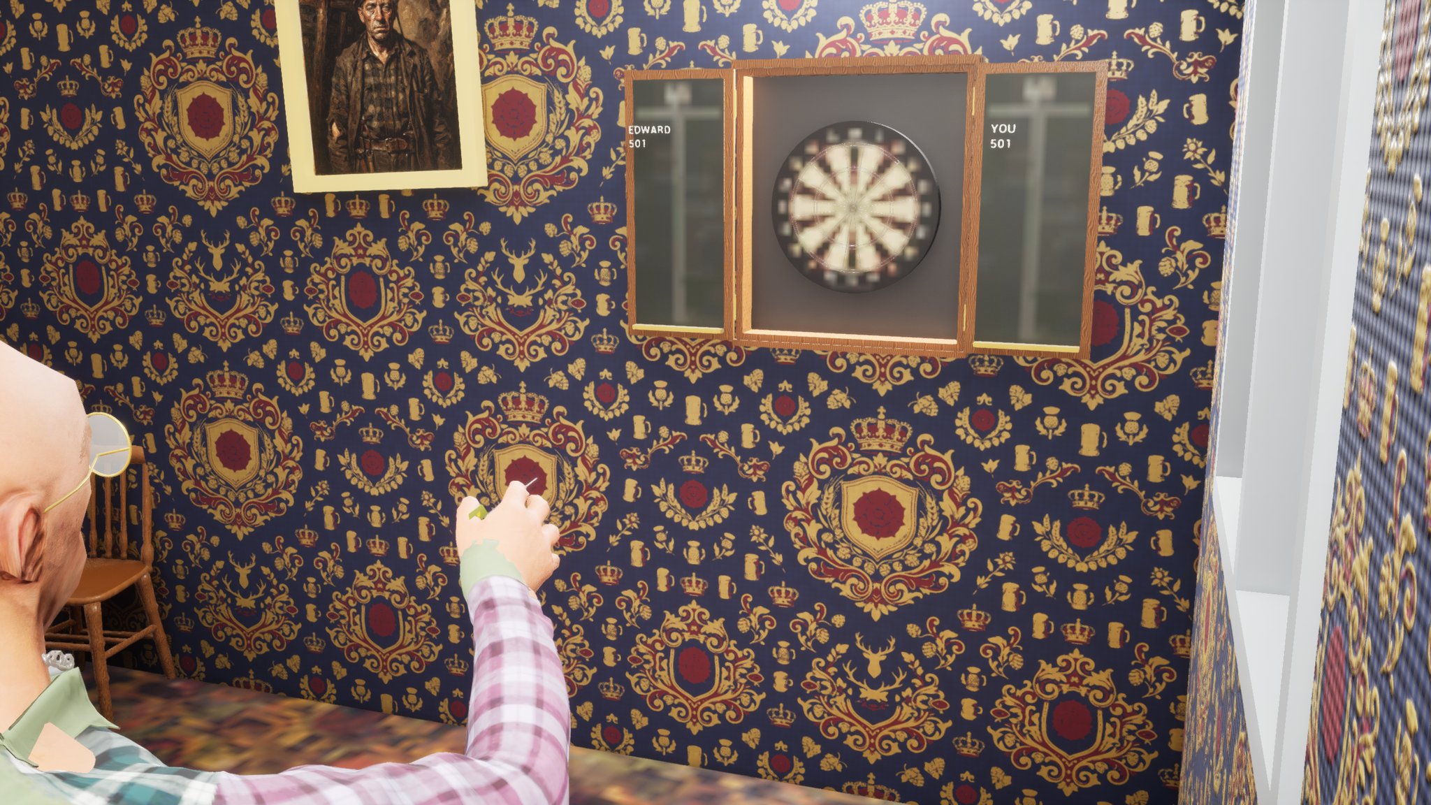 From behind and to the side, a bald man in glasses and a check shirt holds a dart up at shoulder height towards a dartboard in a wooden cabinet, the chalk panels either side headed EDWARD 501 and YOU 501, on navy and gold crested wallpaper.