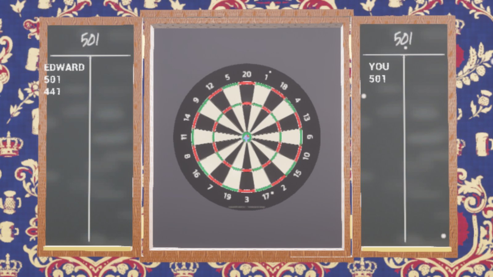 A pub dartboard in an open wooden cabinet on patterned blue and gold wallpaper. The left chalkboard reads EDWARD, 501, 441; the right reads YOU, 501. The board shows 20 at the top and 3 at the bottom.