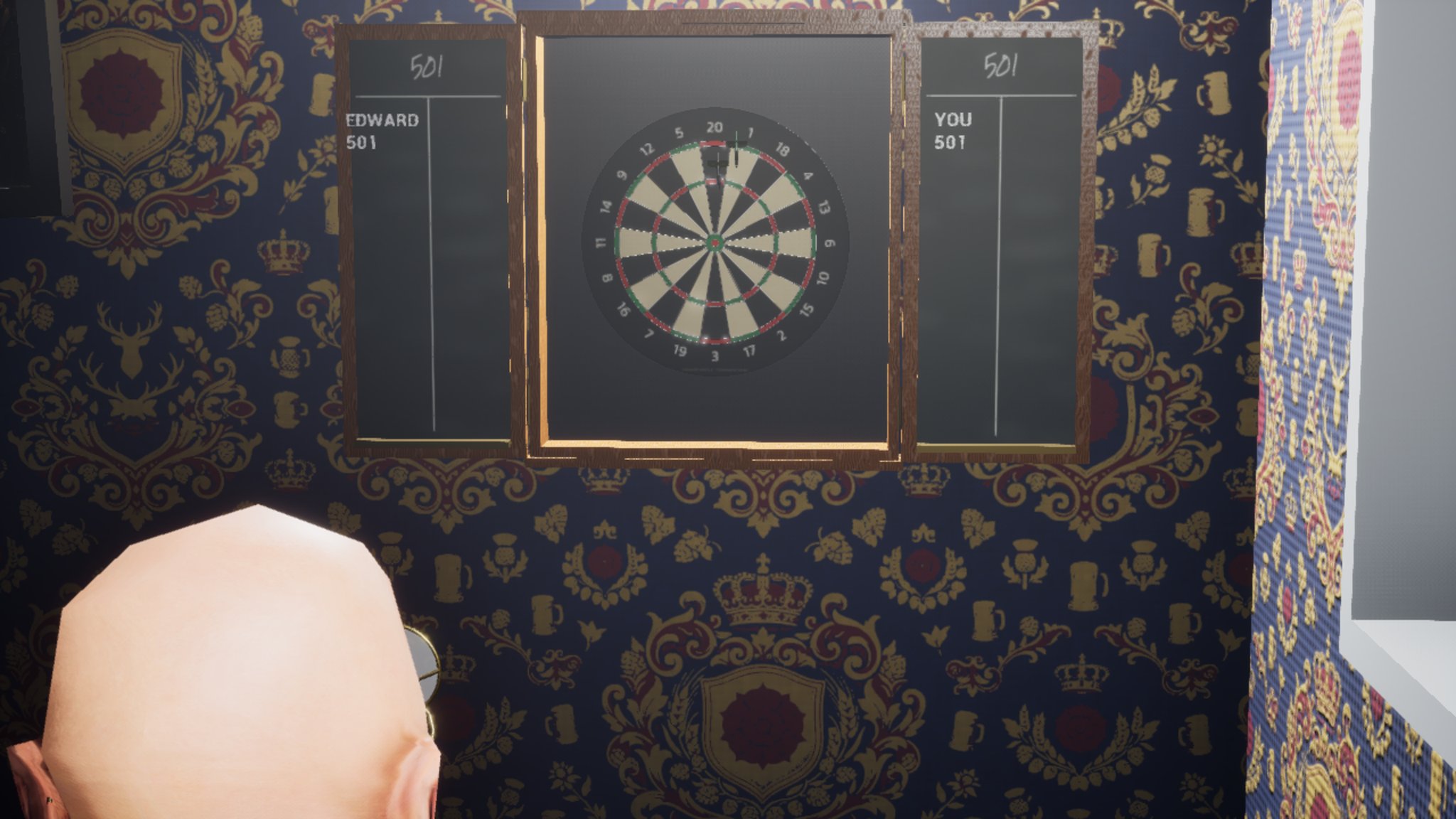 Looking over the top of the bald man's head at the dartboard, with a dart in the air just short of the board near the 20 and both chalk panels still showing 501.