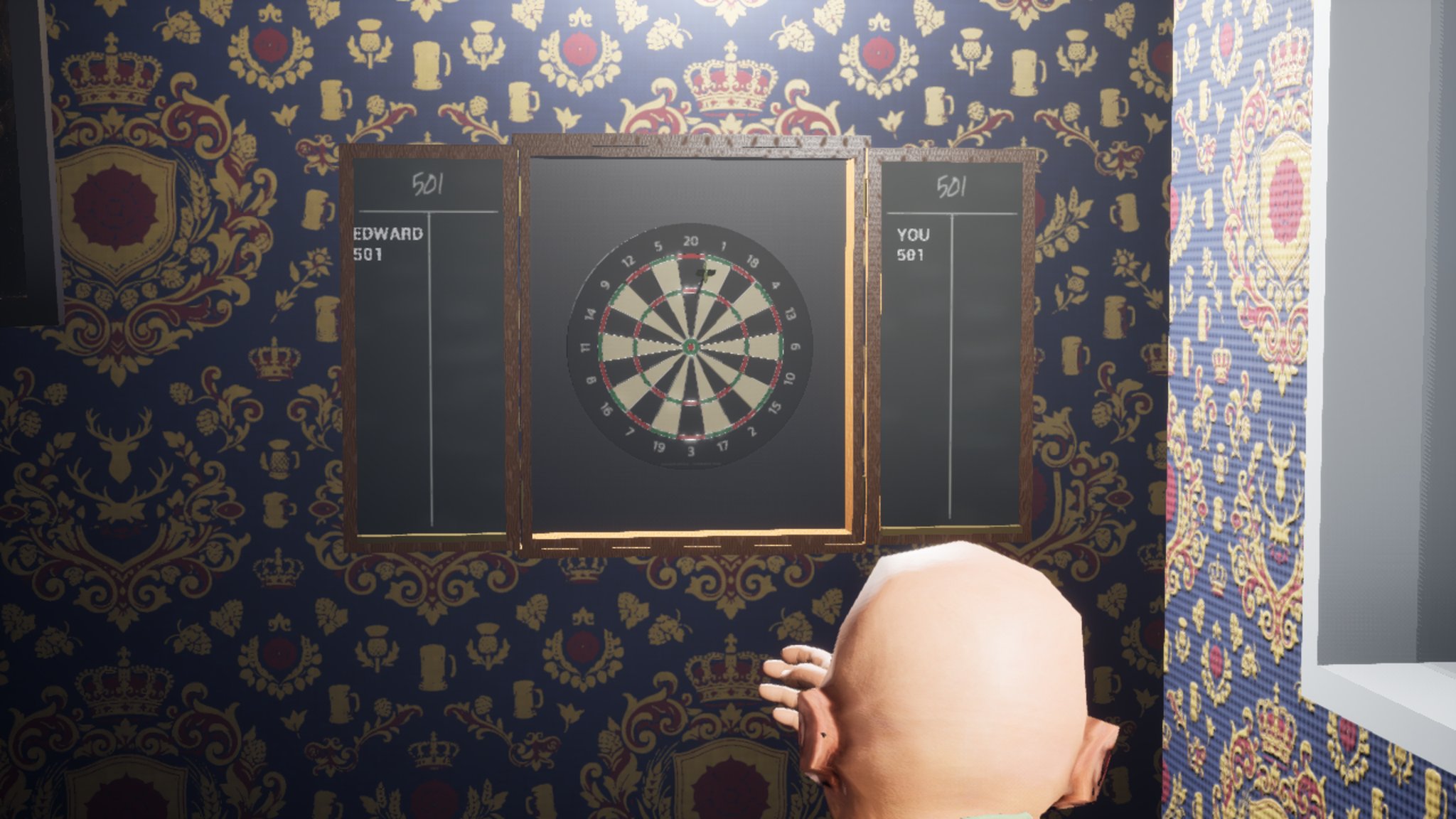 The bald man's head and his right hand open beside it after the throw, the dart stuck in the top of the board near the 20.