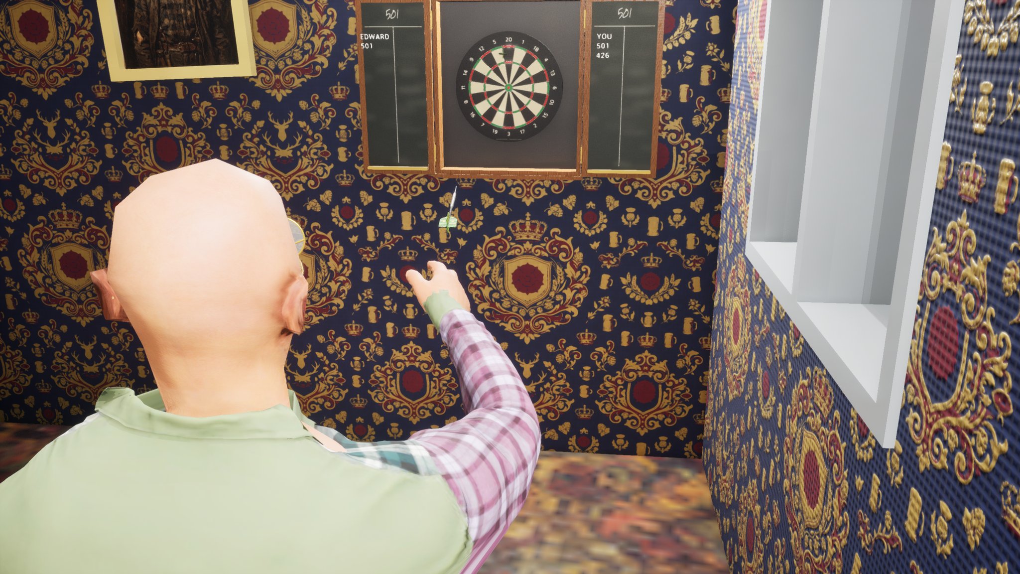 The same man seen from behind his right shoulder with his arm extended towards the board, a green-flighted dart in the air between his hand and the cabinet.