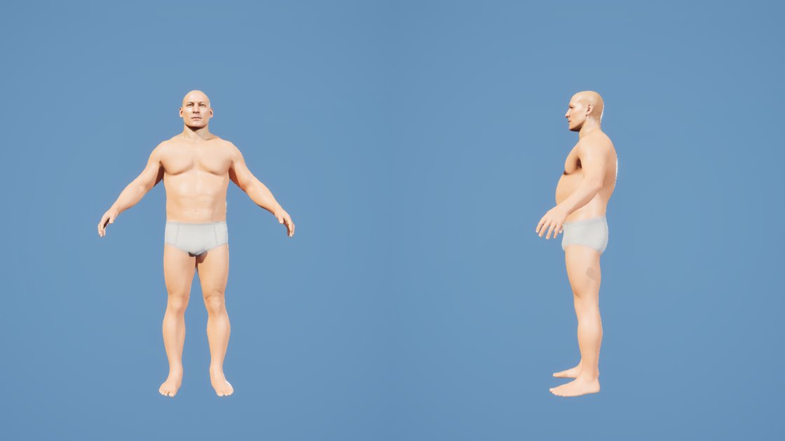 A muscular male character in plain grey briefs on a blue background, front and side. From the front he has a V-shaped torso and visible abs; from the side his belly pushes out past his chest.